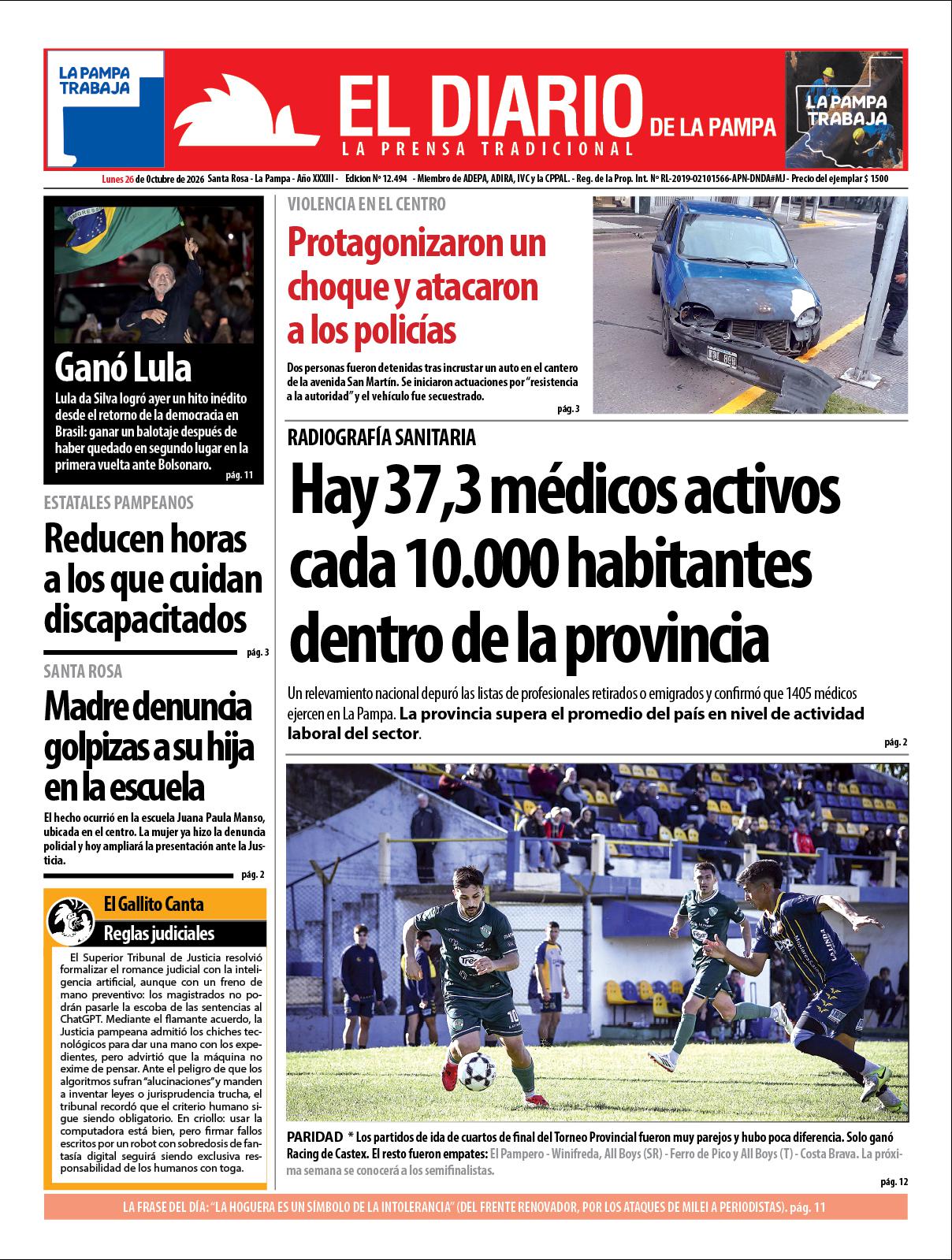 Tapa de El Diario en papel  lunes 26 de octubre de 2026